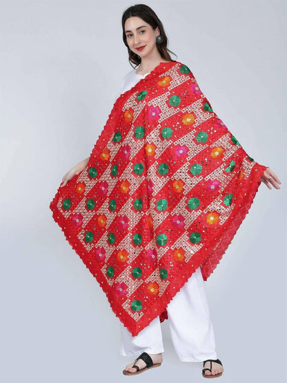 Phulkari dupatta with mirror work (red) - HalfPe