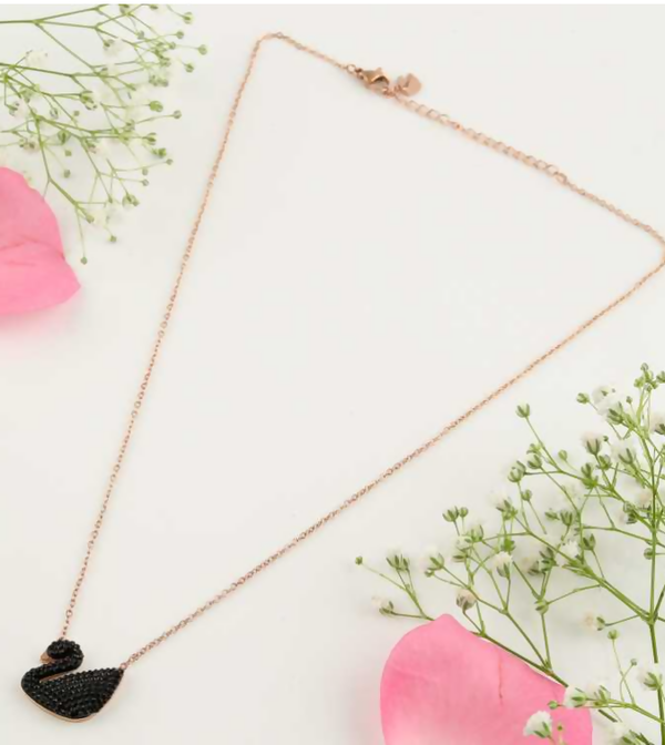 Pinapes Swan Bird Chain Pendant Black Micro Rose Gold Plated Swarovski Brass Bird Necklace For Women And Girl - HalfPe