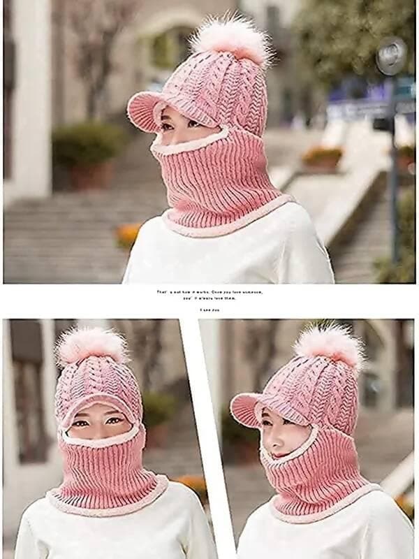 Woven Women And Girls Warm Winter Knitted Hats Add Fur Lined That Cover Face With Attached Neck Cover And Mask, Warmer Balaclava Pompoms Cap - HalfPe