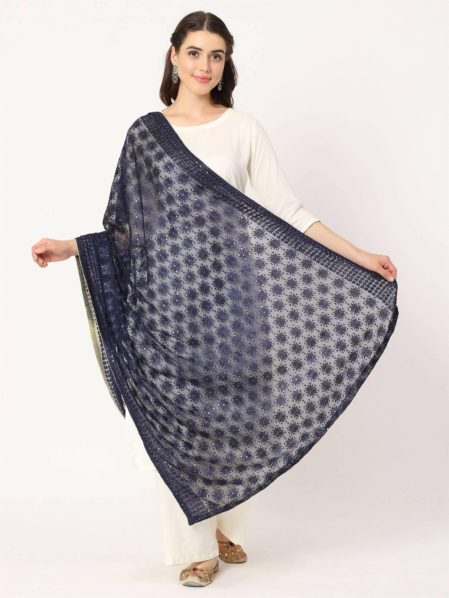 Navy Blue Sequined Phulkari Embroidery Dupatta - HalfPe