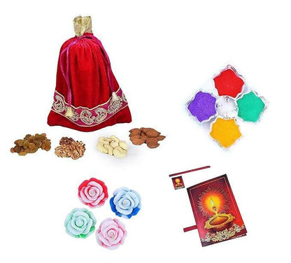 MANTOUSS Premium Diwali Dry Fruit Potli-Cashew,Almond,Walnut and Raisin (100gms Each),400 GMS + 2 Floating Diya, Diwali Greeting Card and Rangoli Colours - HalfPe