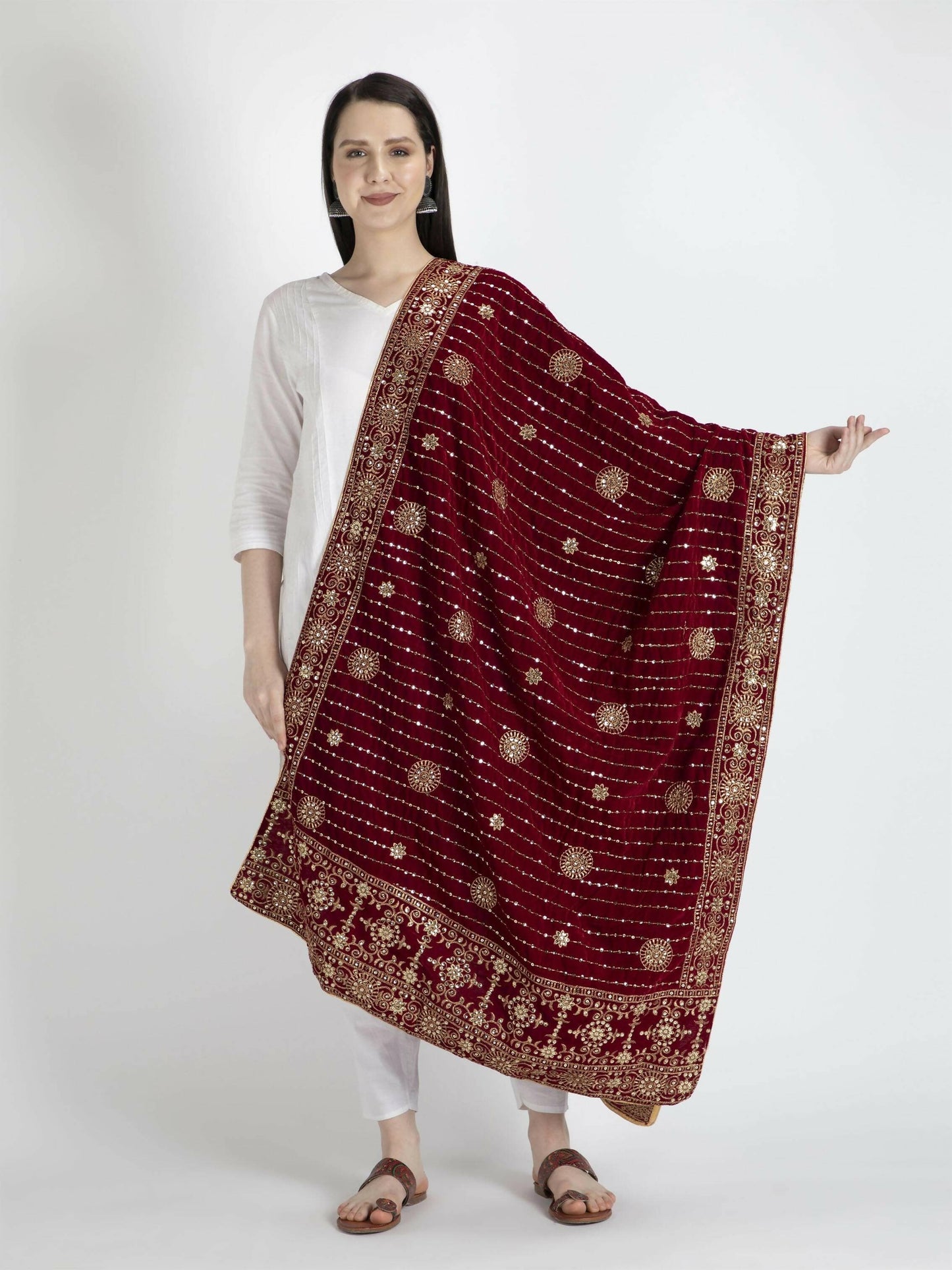 Embroidered Velvet Shawl Dupatta (Maroon) - HalfPe