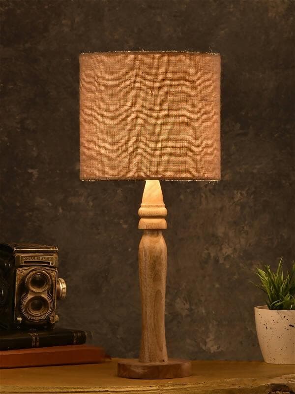 Green Girgit Round Brown Lamp With Brown Jute Shade - HalfPe