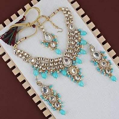 LUCKY JEWELLERY Gold Plated White Firozi Color Tika Earring Necklace Combo Kundan Jewellery Set - HalfPe