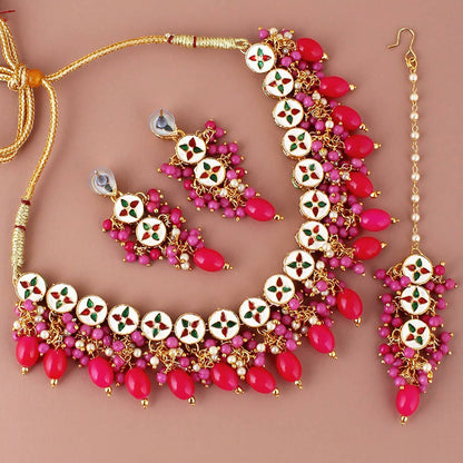 LUCKY JEWELLERY Back Meenakari 18k Gold Plated Magenta Color Tika Earring Combo Uncut Big Faux Kundan Choker Necklace set - HalfPe