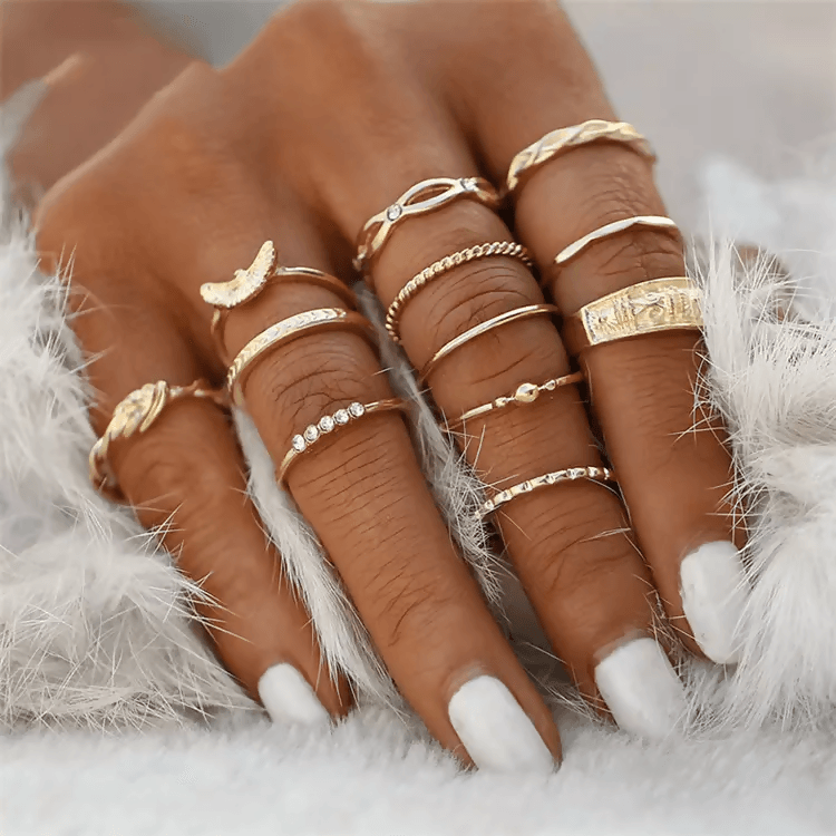 Pinapes Fashion Non Precious Base Metal Boho Midi Finger Ring for Girls – Set of 12 - HalfPe