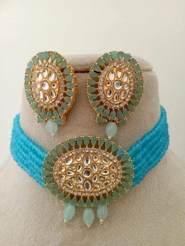 Chokar kundan necklace with earrings (cyan) - halfpeapp