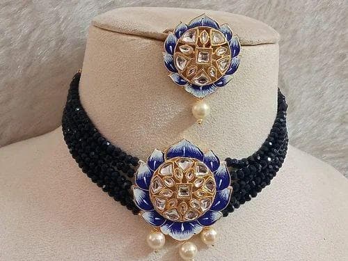 Chokar necklace with earrings (blue) - halfpeapp