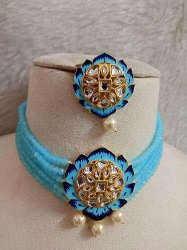 Chokar necklace with earrings (sky blue) - halfpeapp