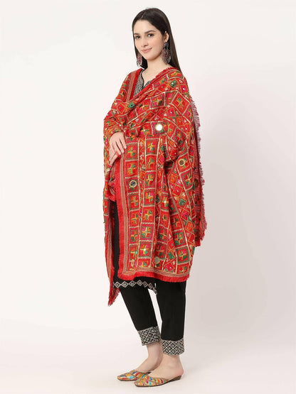 Red Mullticolour Embroidery Phulkari Dupatta with Mirror Work - HalfPe