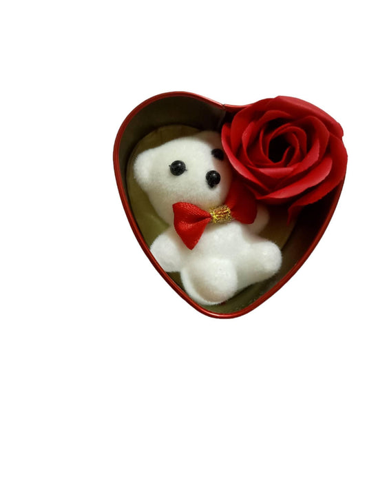 Gift Box for Valentine's Day or Anniversary with Small Teddy and Rose (Size 7 CM) Red Color - HalfPe