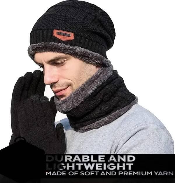 Woven Black-Winter Woolen Beanie Cap Scarf And Touchscreen Gloves Set For Men And Women Stretch Warm Winter Cap (Pack of 3) - HalfPe