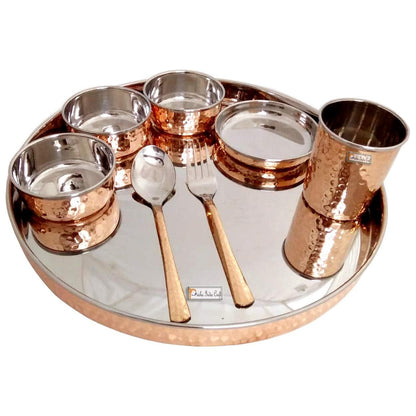 Copper dinner thali set 13inch, 1 thali,1 spoon,1 fork,1 tumbler,3 serving bowls,1 dessert bowl | PRISHA INDIA CRAFT - halfpeapp