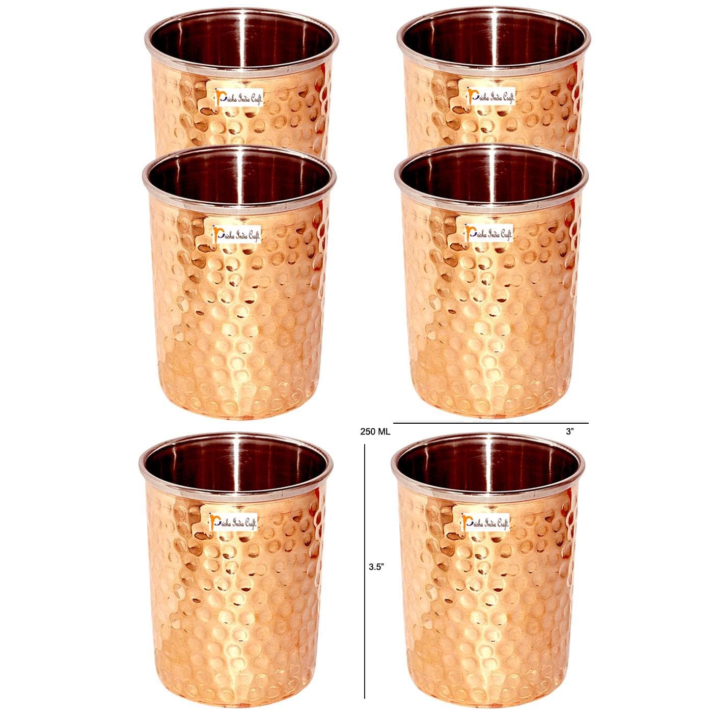 Copper glass hammered design water glass tumbler (set of 6x300ml) | PRISHA INDIA CRAFT - halfpeapp