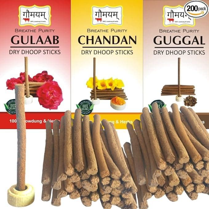 Cowdung ,rose ,chandan ,guggal ,loban dhoop sticks for puja (pack of 200 sticks) - halfpeapp