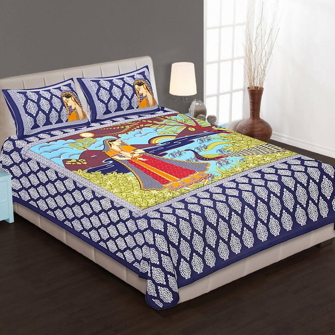 Jaipuri traditional queen size cotton bedsheet with (2) pillow cover set LP100 - HalfPe