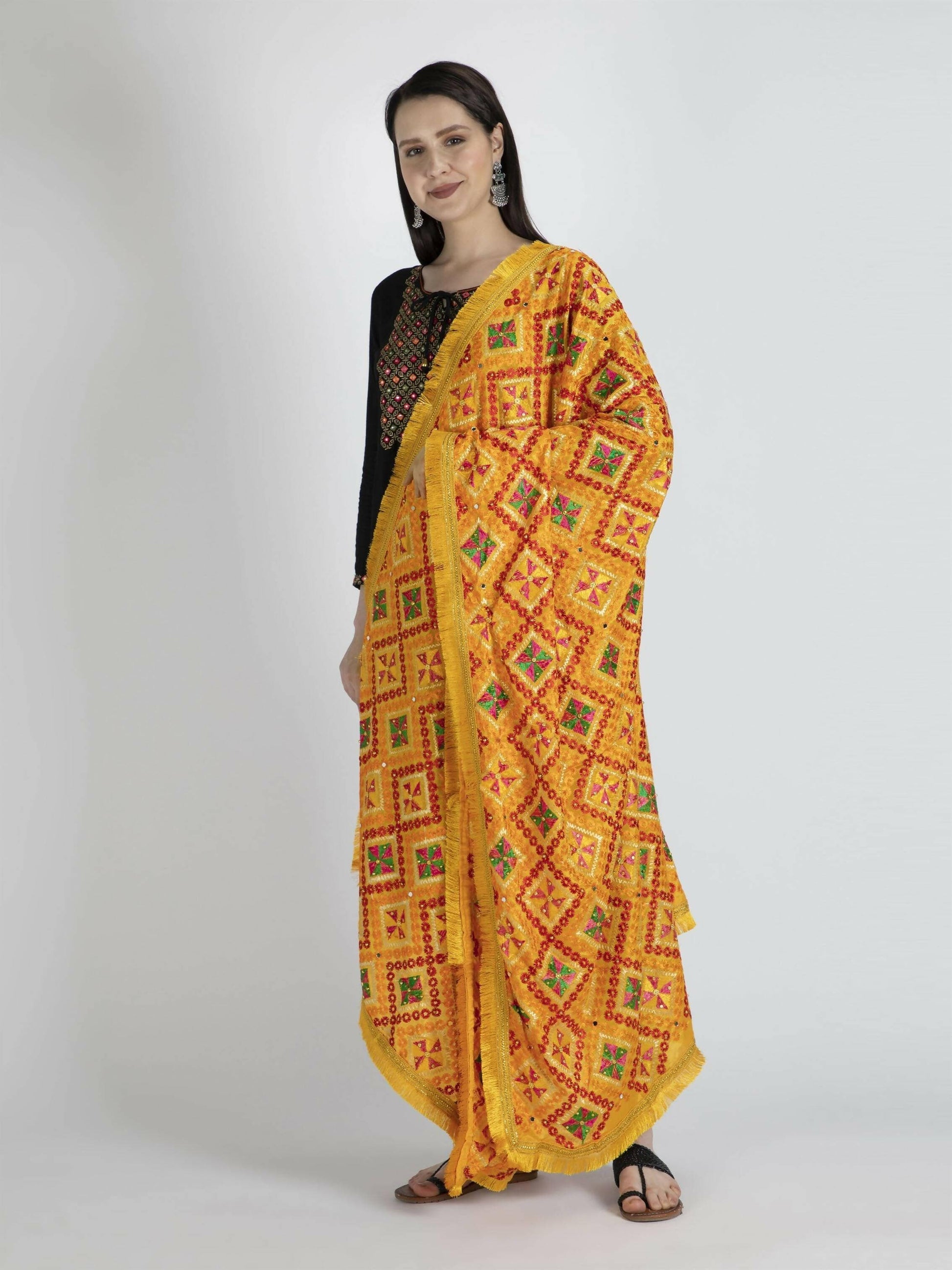 Multicolour design Phulkari dupatta with Heavy Lace (Yellow) - HalfPe