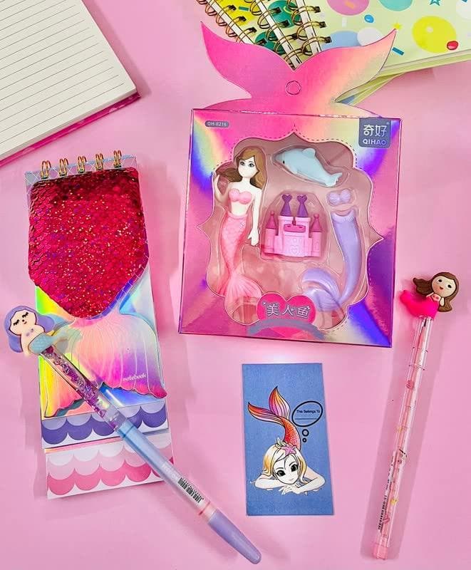 Cute mermaid doll holographic eraser box , spiral notepad , water glitter pen & non sharpening bullet cartoon pencil - halfpeapp