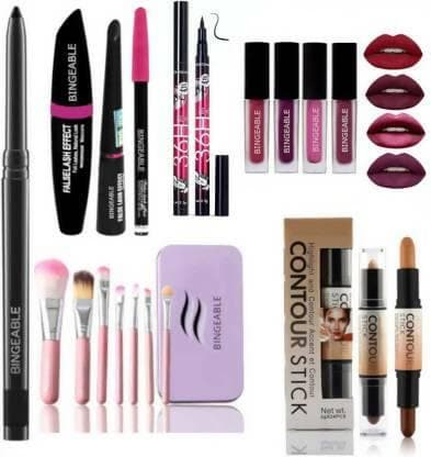 Bingeable Kajal& 3 In1 Waterproof Eyeliner, mascara, Kajal& 36H Eyeliner& 7 Pcs Brush(HK)& 2in1 Contour Stick& 4Pcs Red Mini Lipstick (9 Items in the set) - HalfPe