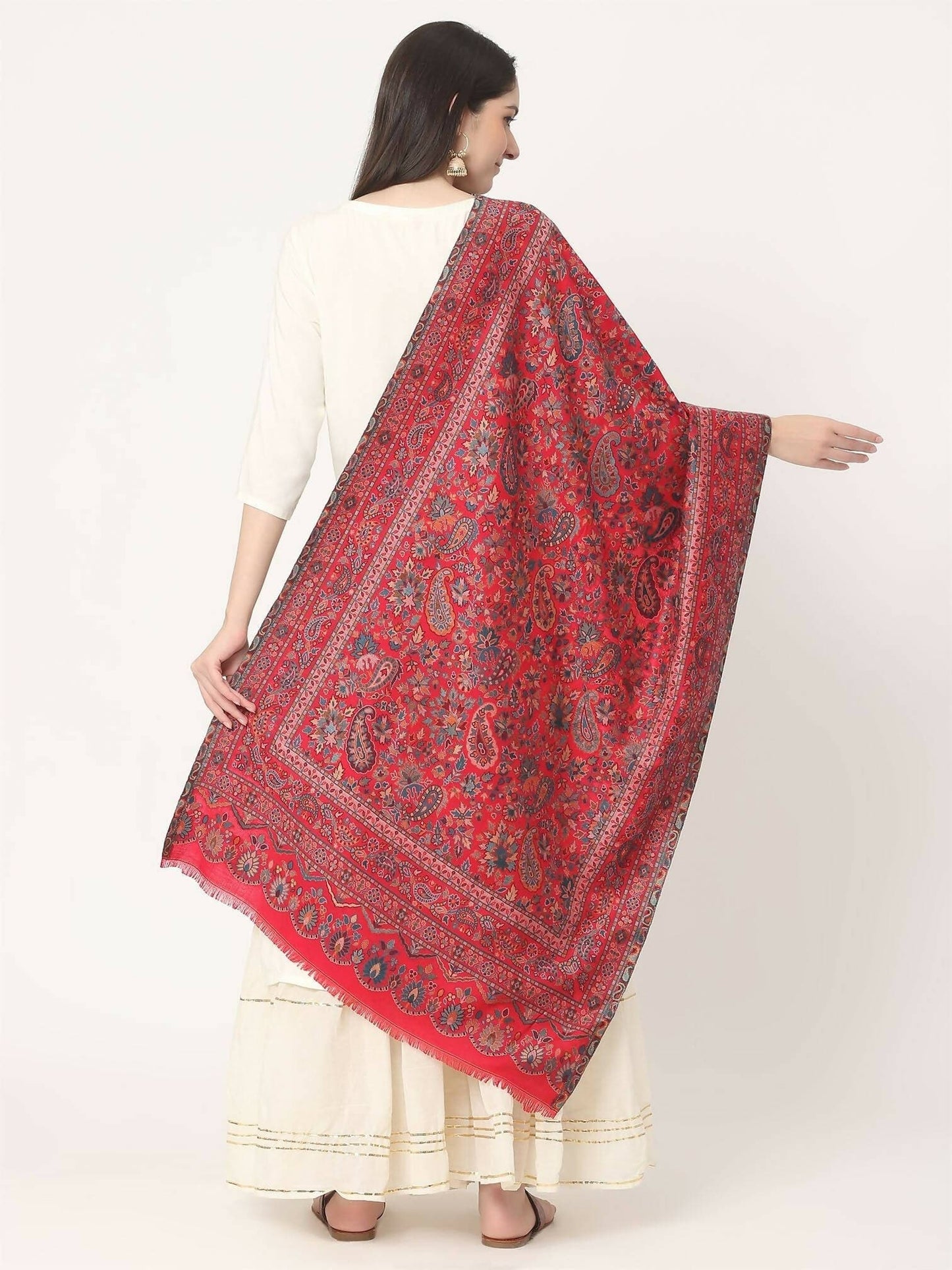 Cherry Red Wool Soft Multiweave Kani Stole for women - HalfPe