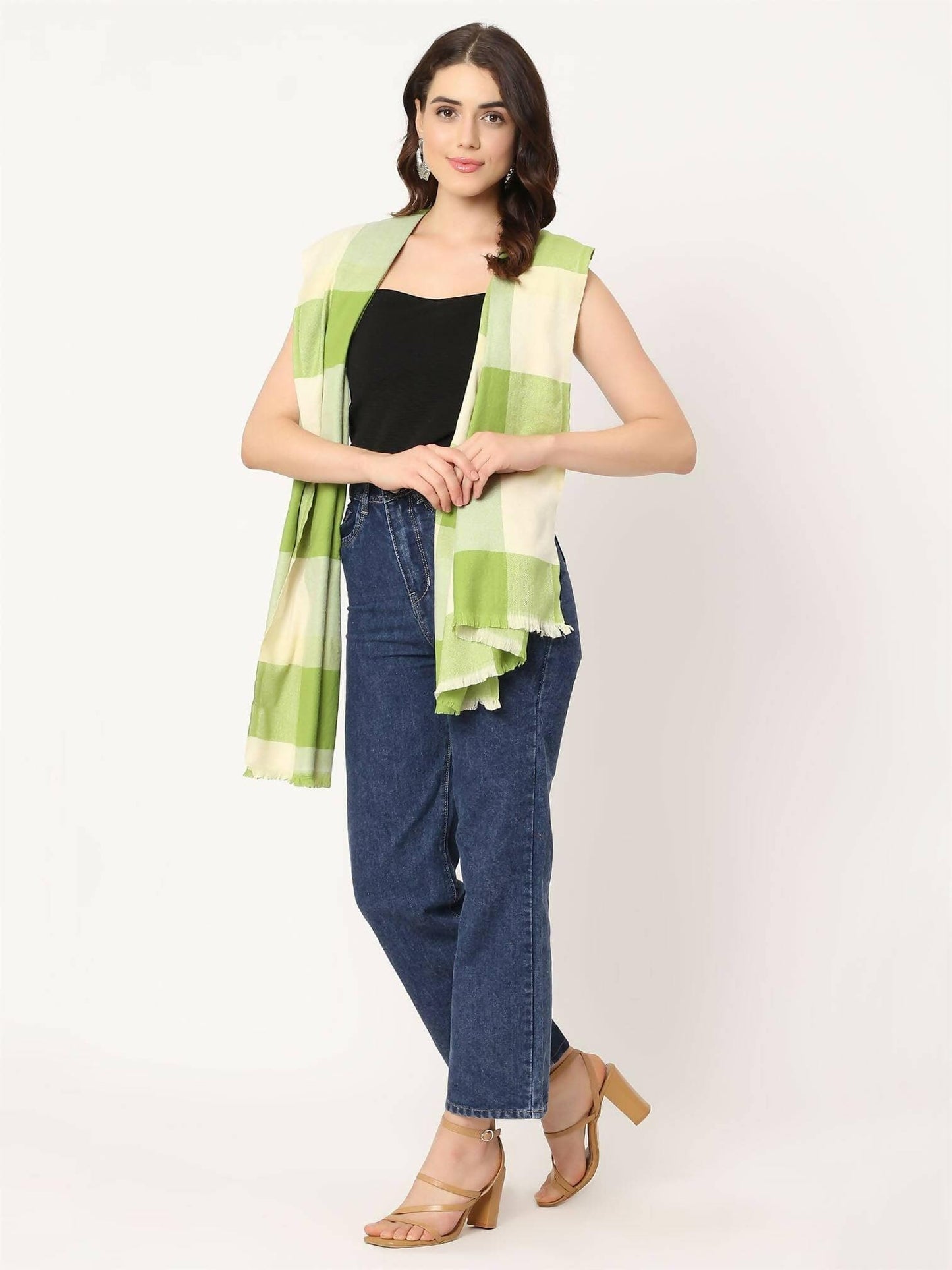 Parrot Green and Cream Pashmina Stole for women - HalfPe