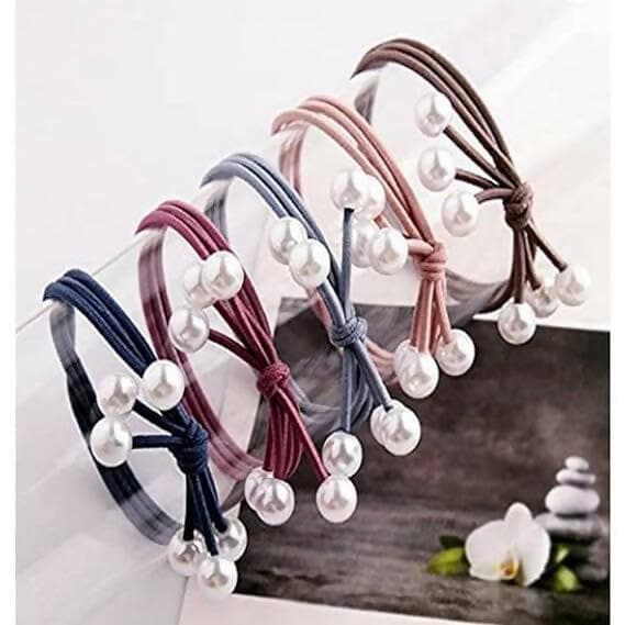 SENECIO 5Pc Multicolor Triple Pearl Knotted Handmade Layered Ponytail Holder Hair Tie Scrunchies Rubber Band - HalfPe