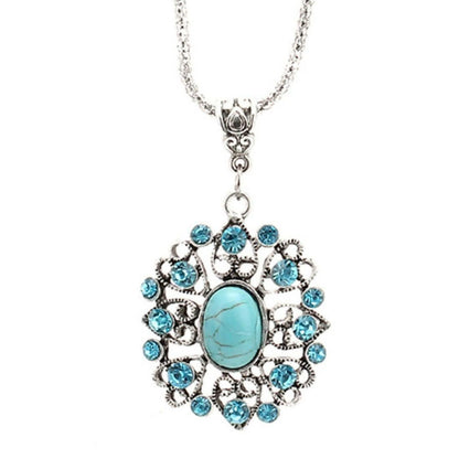 SENECIO Vintage Oval Shape Hollow Out Sliver Plated Turquoise Floral Rhinestone Studded Necklace - HalfPe