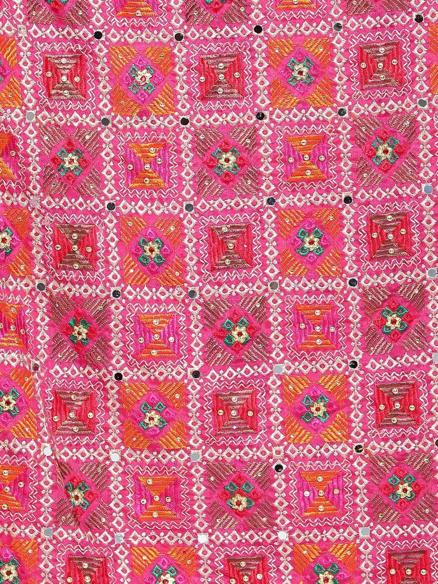 Phulkari Dupatta - Magenta Green Orange with mirror work (multi-color design) - HalfPe