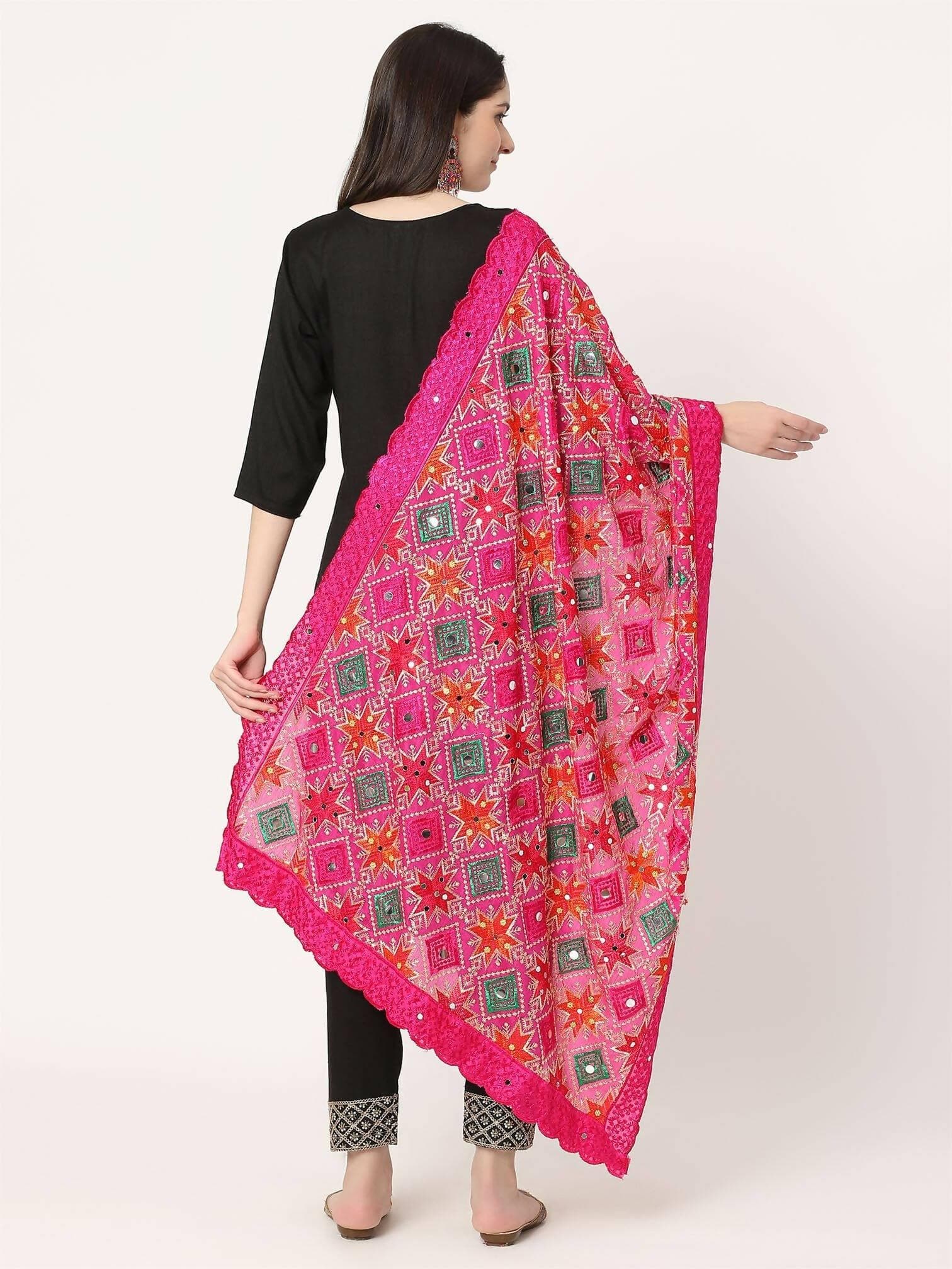 Magenta Multicolour Embroidery Phulkari Dupatta with Mirror Work - HalfPe