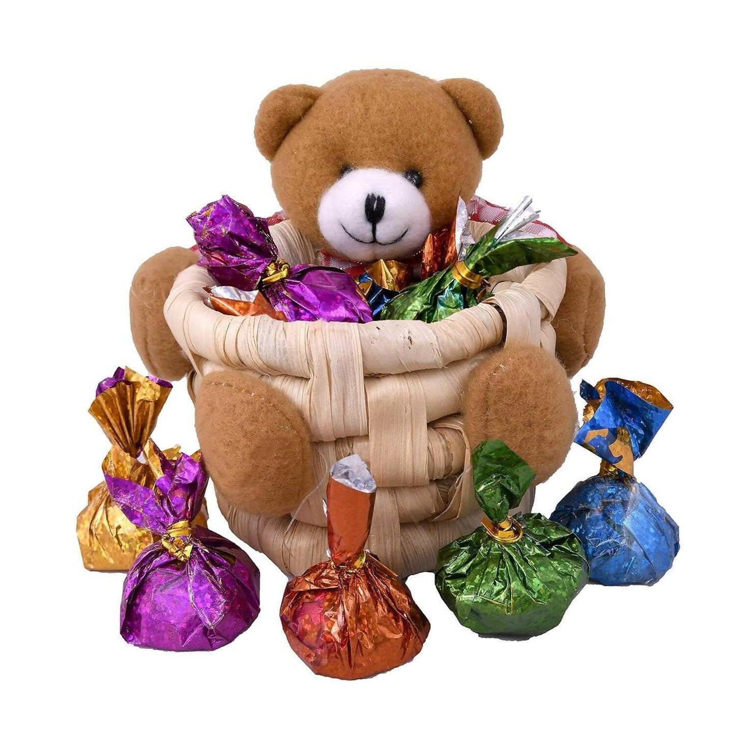 MANTOUSS Special Valentine Day Gift Hamper/Basket-Decorated basket+Soft Teddy Bear Basket filled with chocolates+Scented aromatic candle+Fur Love Heart+Love Message bottle+Valentines Day Greeting Card - HalfPe