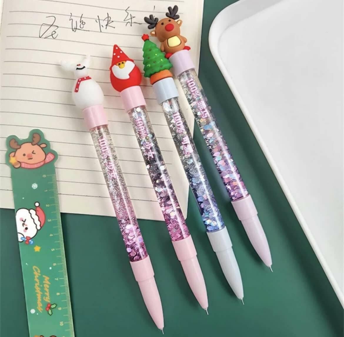 Le Delite Santa Claus Christmas Tree Reindeer Snowman Candy Shaped Pen Xmas Theme Water Glitter Gel Pens(Pack of 4) - HalfPe