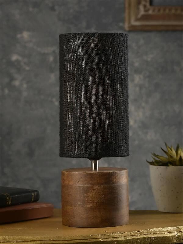 Wooden Log Table Lamp With Black Jute Shade - HalfPe