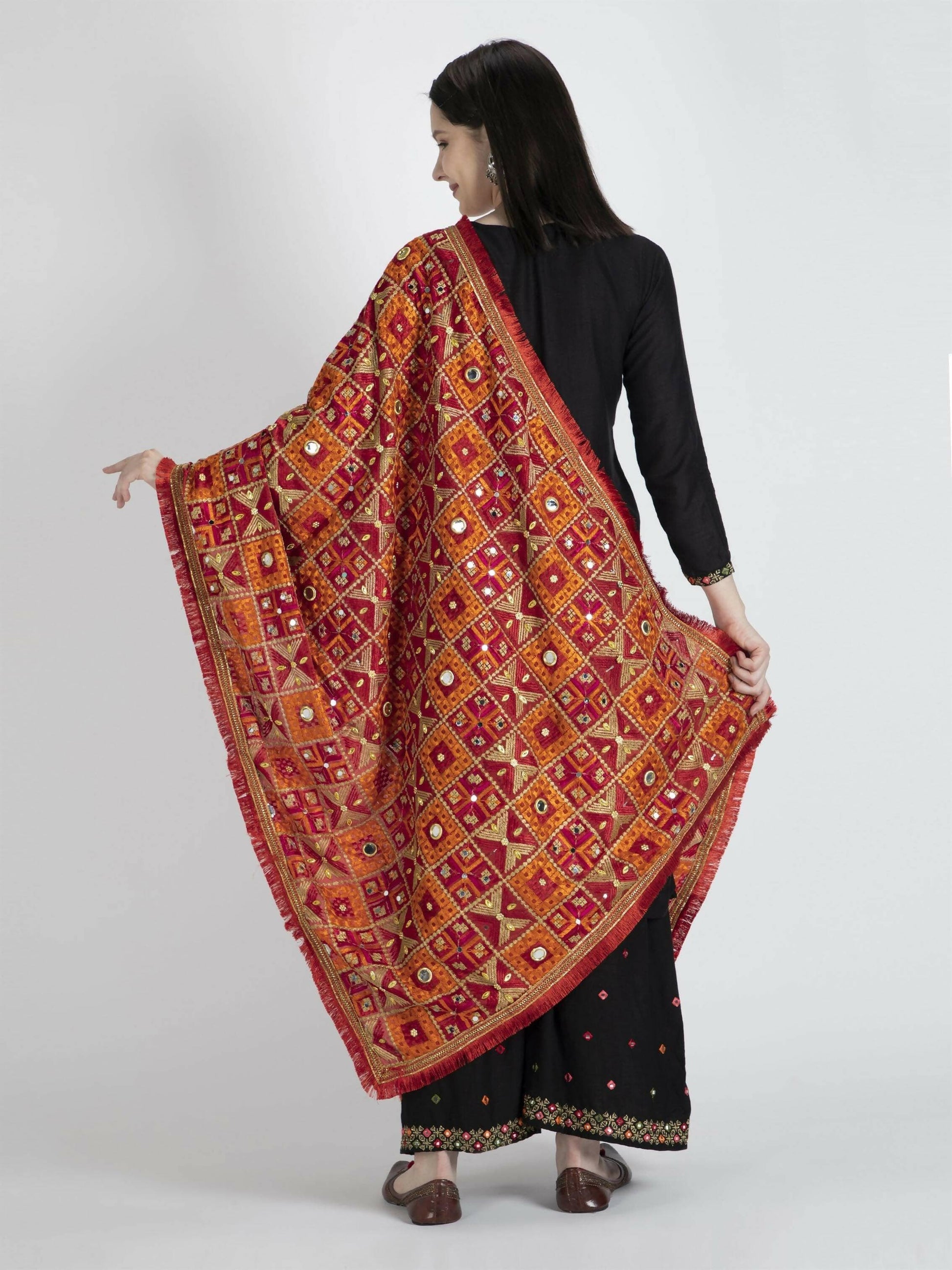 xPhulkari Dupatta with Mirror Work (Orange and Red ) - HalfPe