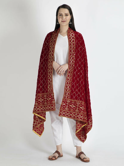 Red Embroidered Shawl Dupatta For Women - HalfPe