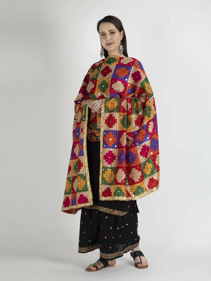 Phulkari Dupatta with Mirror Work(Multicolour square designs) - HalfPe