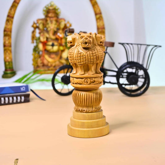 Santarms Wooden Ashok Pillar for Office Table Decoration (5 Inches) - HalfPe