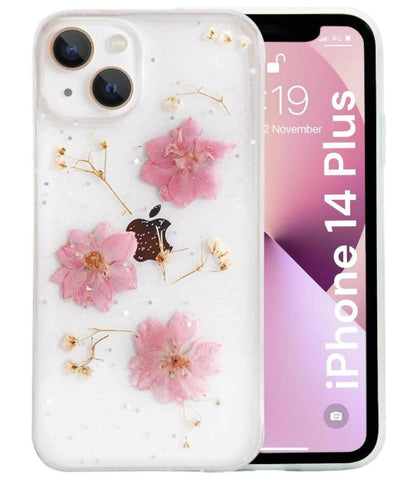 SQUIF Soft Back Case for iPhone 14 Plus Cover for Girls with Silicone Pressed Real Natural Dry Flowers Clear Glitter (Pink) - HalfPe