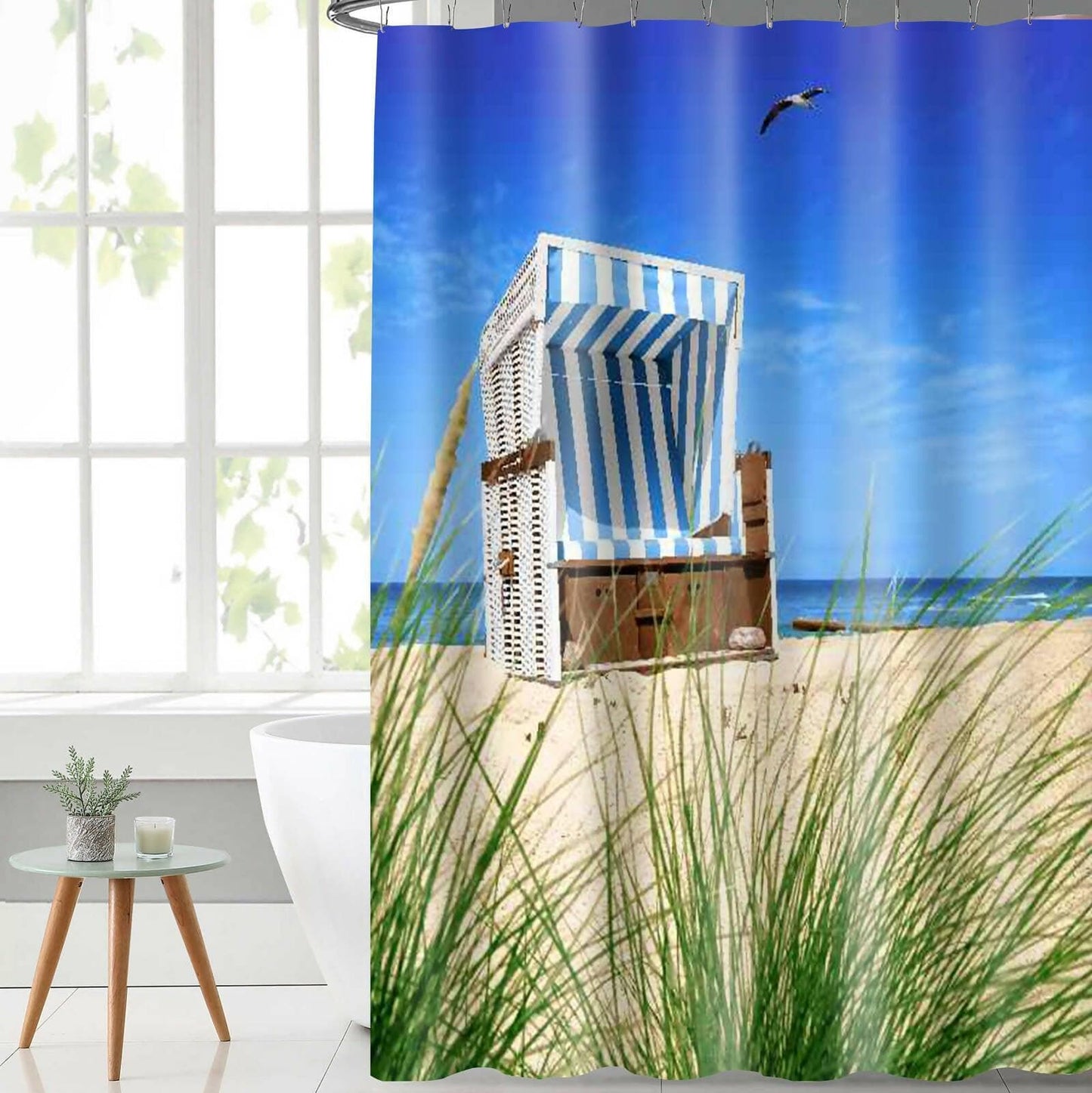 Lushomes shower curtain, Beach Chair Printed, Polyester waterproof 6x6.5 ft with hooks, non-PVC, Non-Plastic, For Washroom, Balcony for Rain, 12 eyelet & 12 Hooks (6 ft W x 6.5 Ft H, Pk of 1) - HalfPe