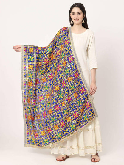 Royal Blue Multicolour Embroidery Phulkari Dupatta with lace Design - HalfPe