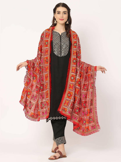 Red Multicolour Embroidery Phulkari Dupatta With Beads - HalfPe