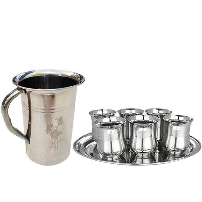 SHINI LIFESTYLE Stainless Steel floral Jug and damru Glass Set (6) - HalfPe