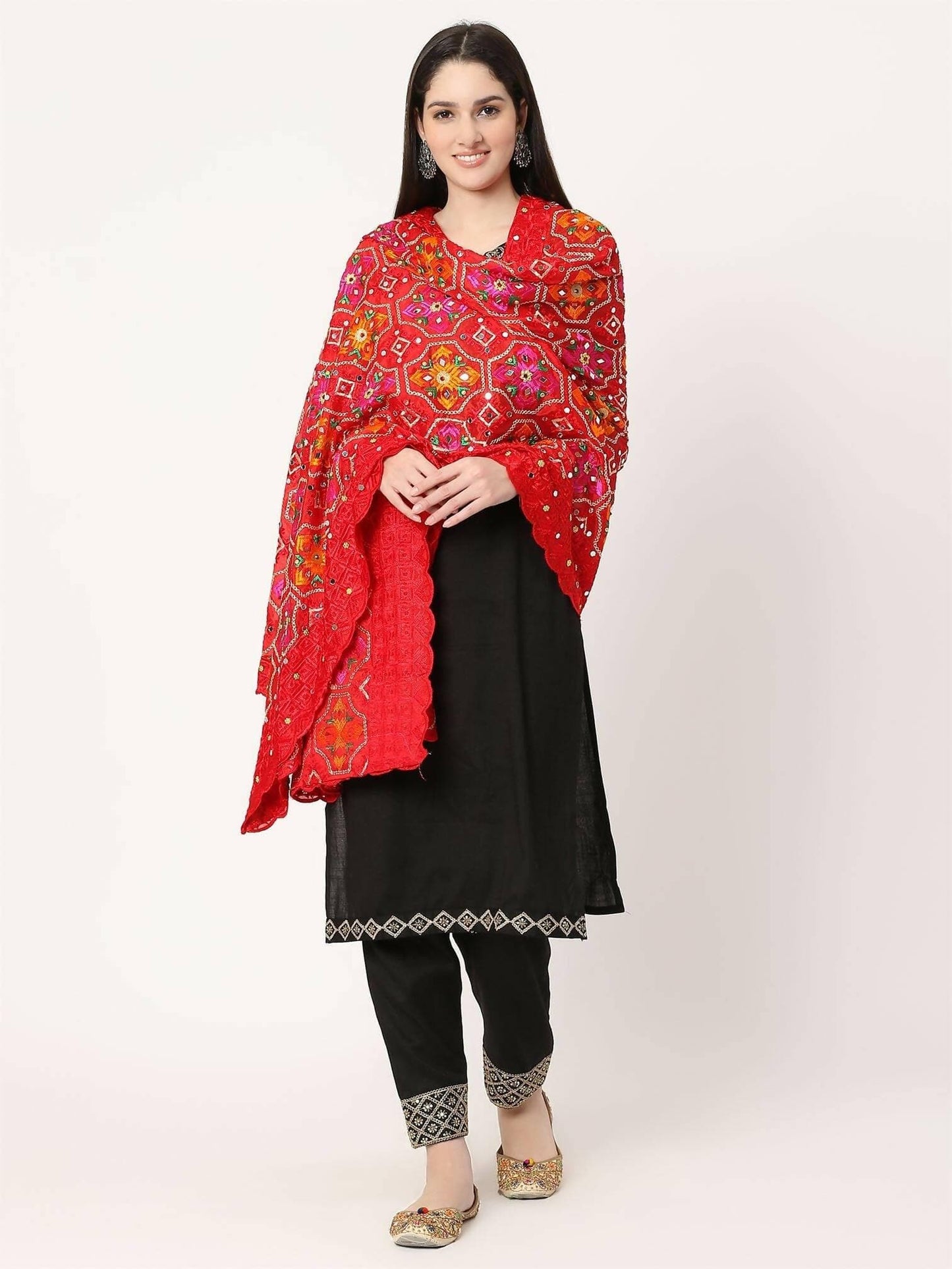 Red Multicolour Embroidery Phulkari Dupatta with Beads - HalfPe