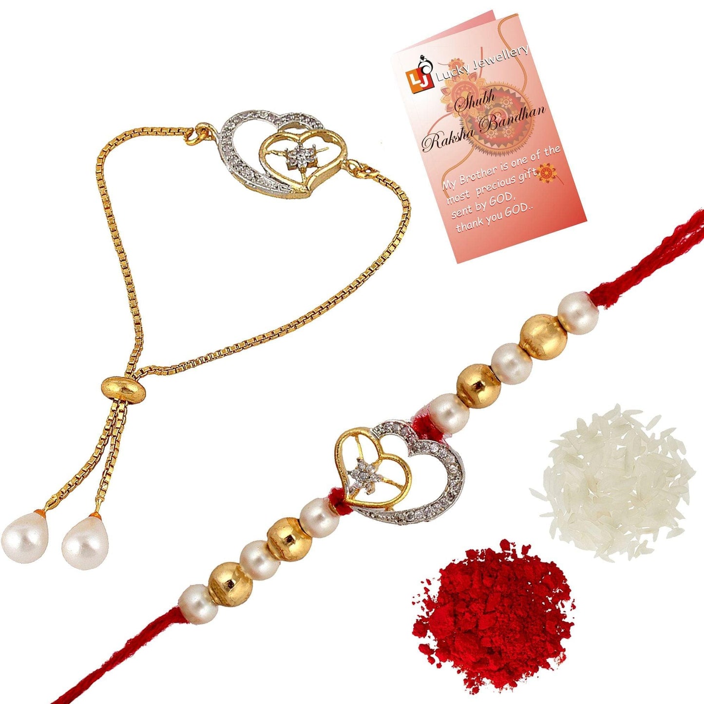 Designer Gold-Plated american diamond rakhi with love shape (pack of 2) | LUCKY JEWELLERY - halfpeapp