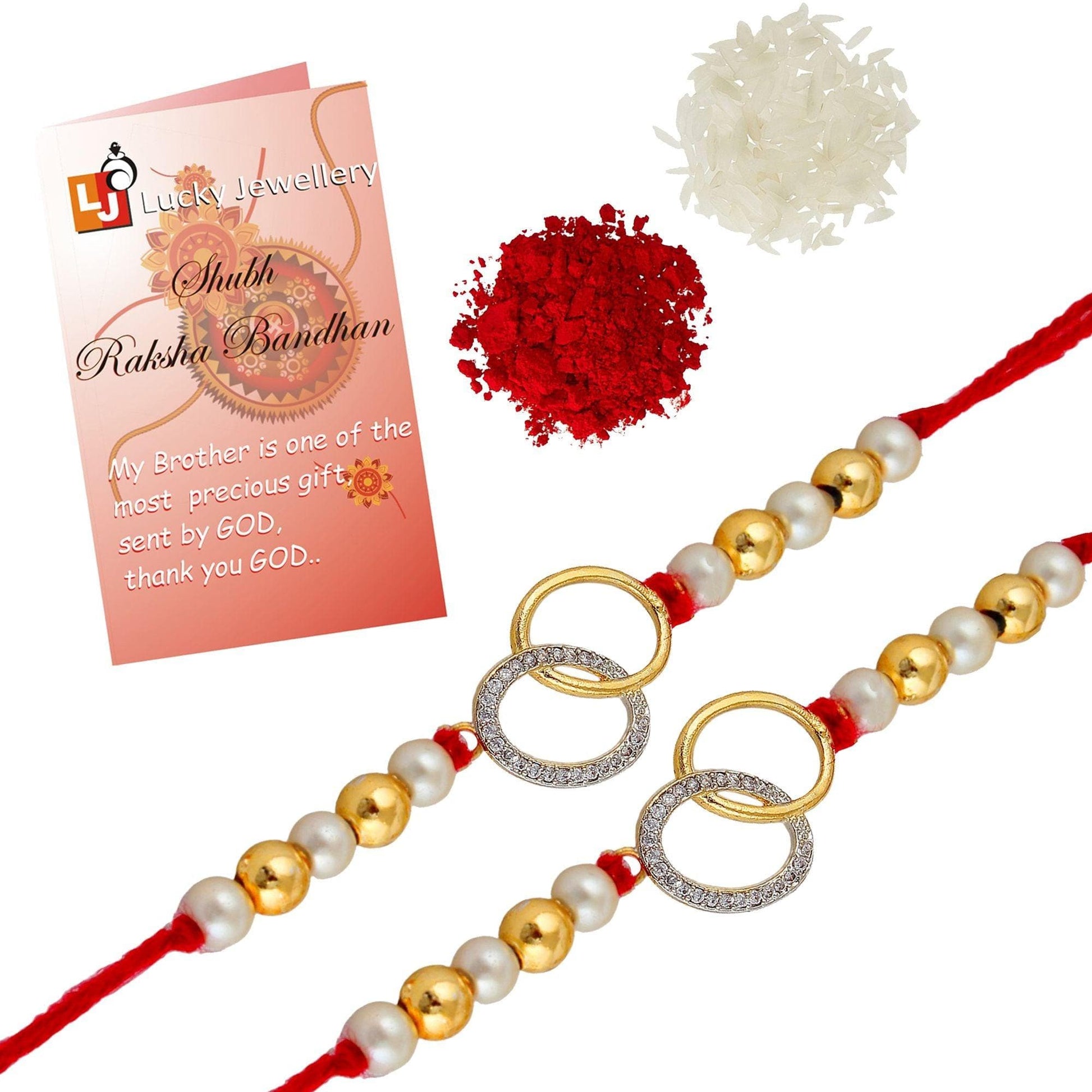 Designer Gold-Plated american diamond rakhi with oval rings (pack of 2) | LUCKY JEWELLERY - halfpeapp