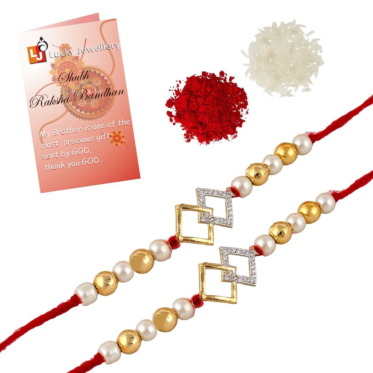 Designer Gold-Plated american diamond rakhi with rhombus rings (pack of 2)|LUCKY JEWELLERY - halfpeapp