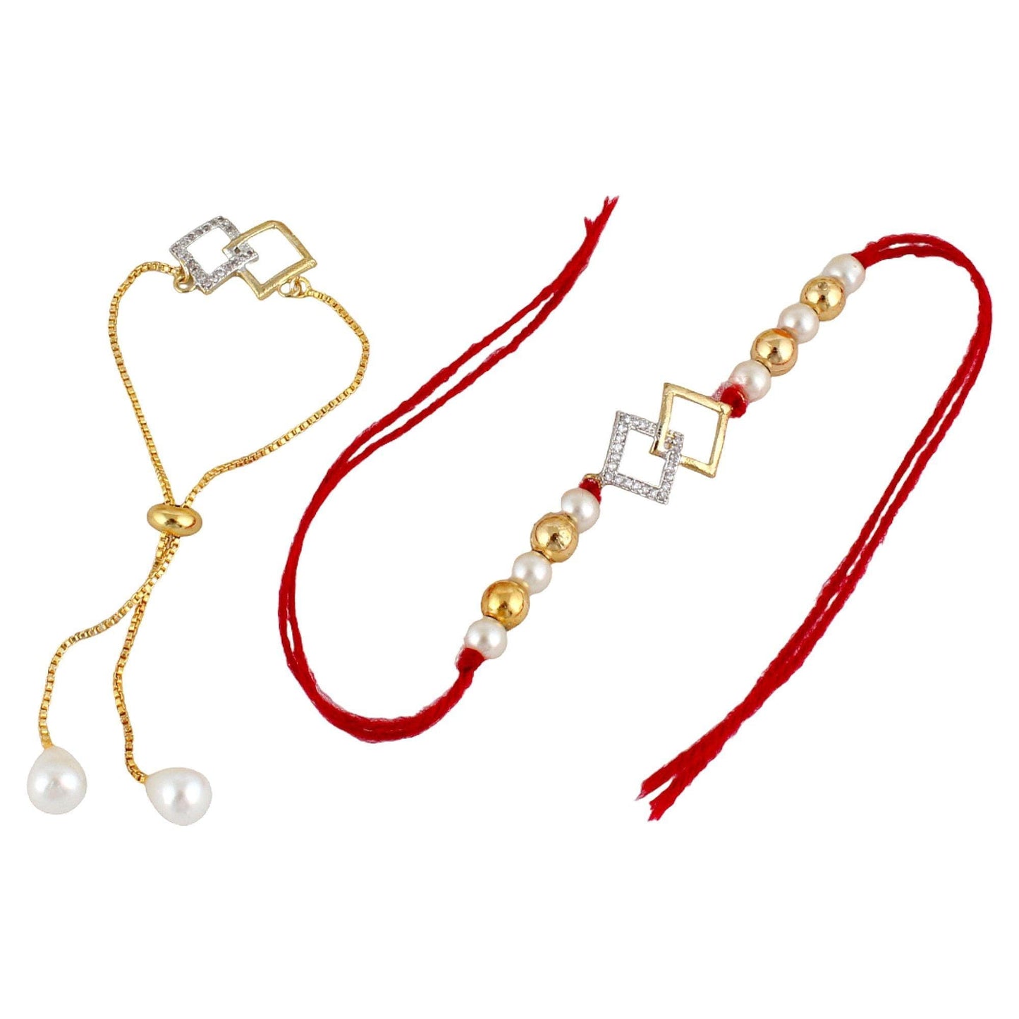 Designer Gold-Plated american diamond rakhi with silver and gold rhombus rings (pack of 2) | LUCKY JEWELLERY - halfpeapp