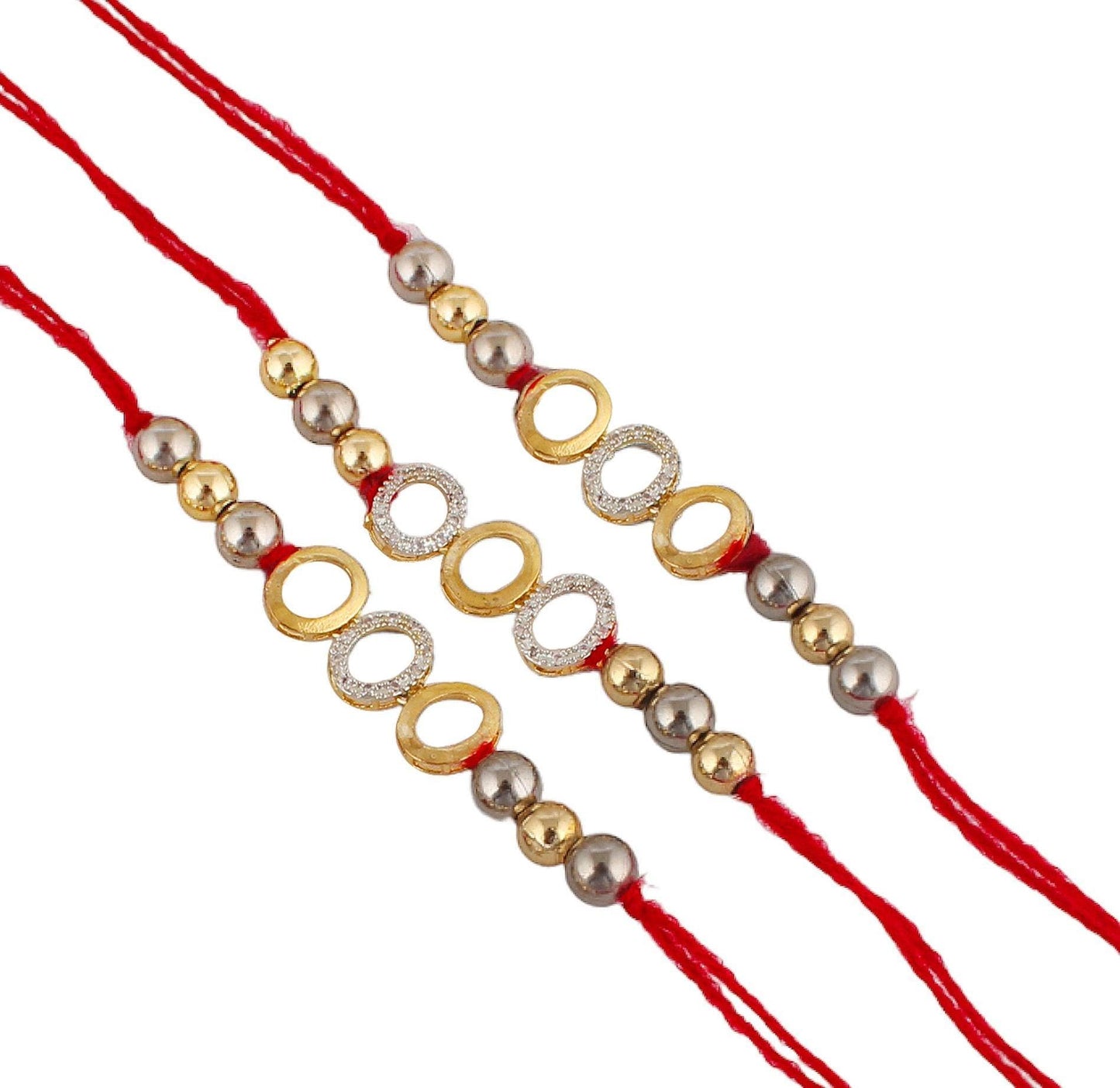 Designer Gold-Plated american diamond rakhi with white and gold rings (pack of 4) | LUCKY JEWELLERY - halfpeapp