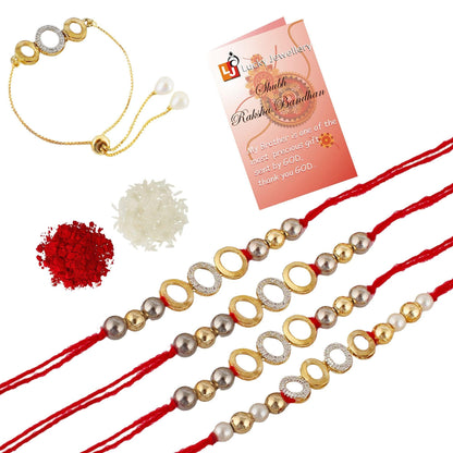 Designer Gold-Plated american diamond rakhi with white and gold rings (pack of 5)| LUCKY JEWELLERY - halfpeapp