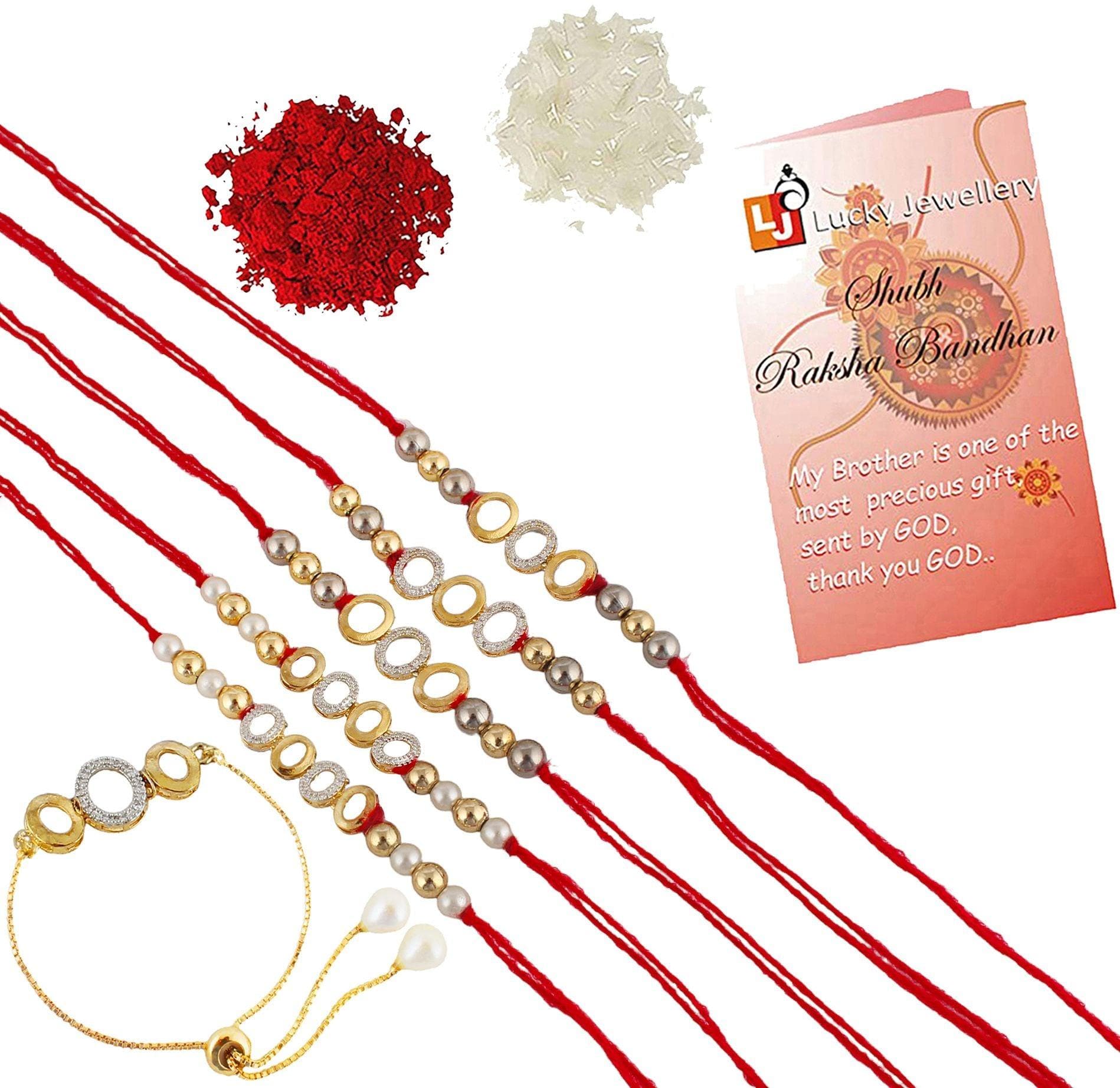 Designer Gold-Plated american diamond rakhi with white and gold rings ( pack of 6) | LUCKY JEWELLERY - halfpeapp