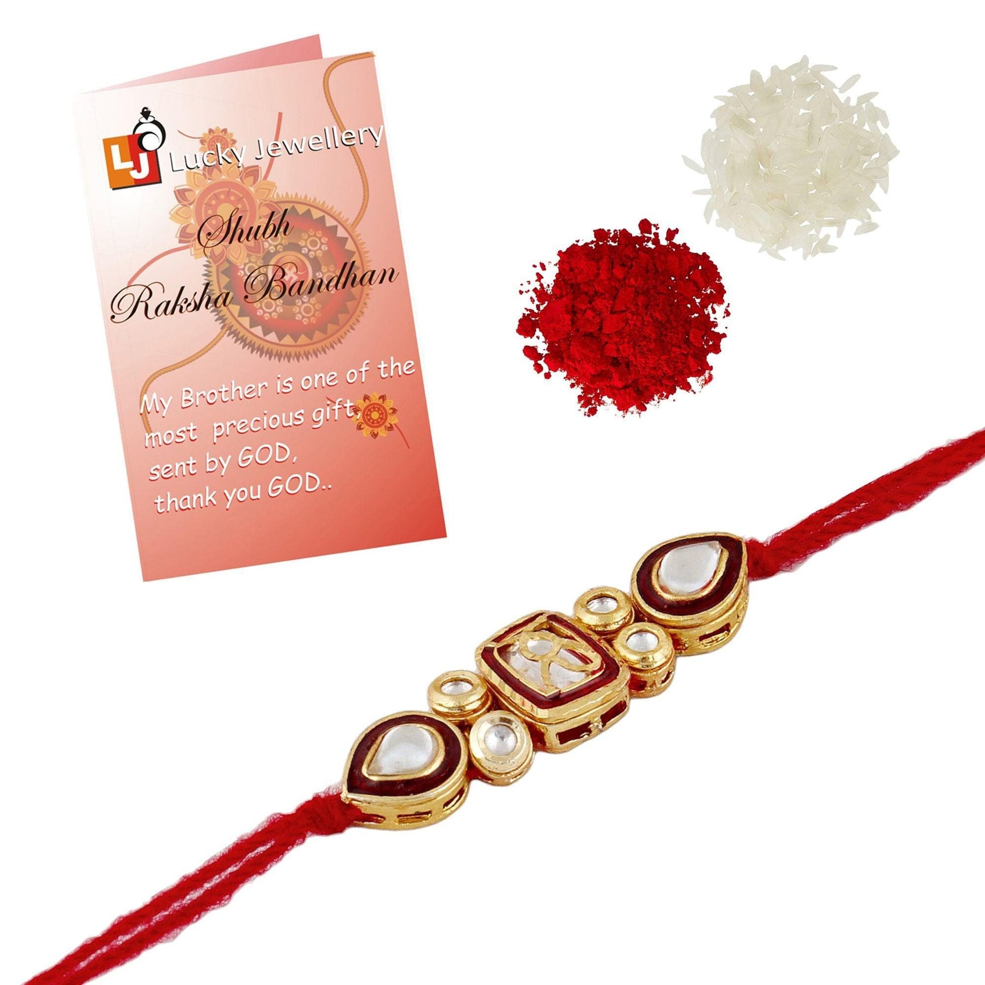 Designer Gold-Plated ferozi color meena thread rakhi | LUCKY JEWELLERY - halfpeapp